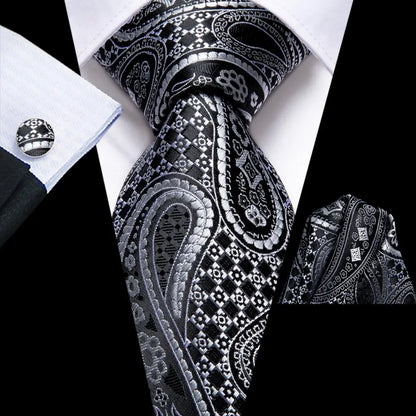 Black Floral Silk Wedding Tie Set - Elegant Necktie with Handkerchief  Cufflinks for Men