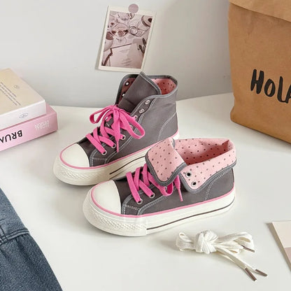 Women's High Top Platform Canvas Sneakers Polka Dot Foldable Collar Lace Up Breathable Korean Style Casual Shoes Fall 2026