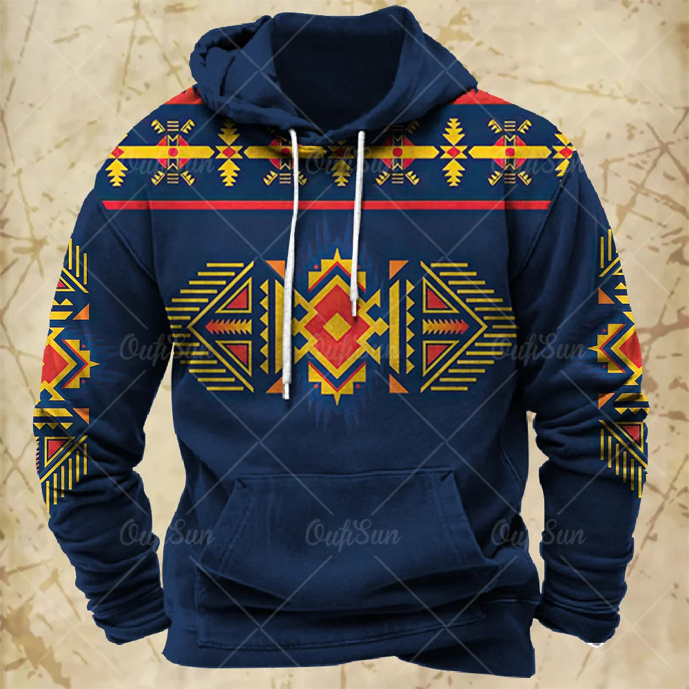 Men Hooded Vintage Print  Sweatshirt Ethnic Style Hoodie Autumn and Winter Oversized Casual Men's Clothing Daily Street Pullover