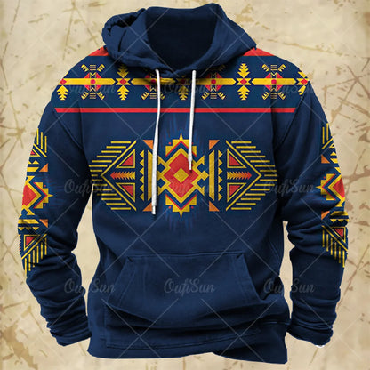 Men Hooded Vintage Print  Sweatshirt Ethnic Style Hoodie Autumn and Winter Oversized Casual Men's Clothing Daily Street Pullover