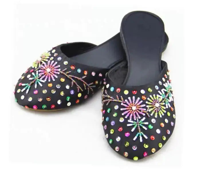 36-40 Women Slippers Sequin Embroider Shoes Summer Silk Fabric Flats Flower Closed Toe Soft Sole Non-slip Chinese Style Footwear