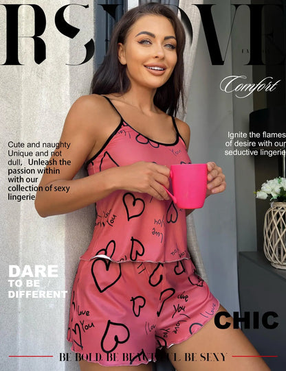 Women's Heart-Shaped Printed Pajamas Set Sexy Pajamas Silk Pleated Vest Shorts Set Soft and Comfortable Home Wear Sweet and Cute