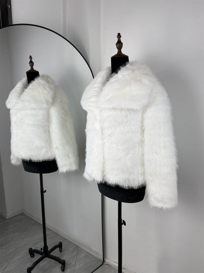 Faux Fur Women's Coat – Luxury Cropped Fluffy Jacket With Lapel Collar
