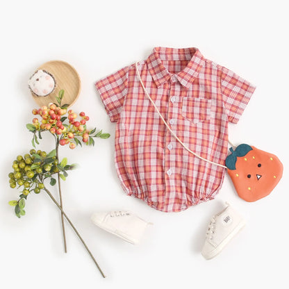 Baby Boys Bodysuit - Soft Cotton Fabric Summer Baby Bodysuit with Plaid Pattern