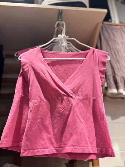 New Rose Red Slim Crop Top Woman Sexy V-neck Short Sleeve Cotton Cropped T-shirt Solid Casual Simple Sweet All-match Tee Tops