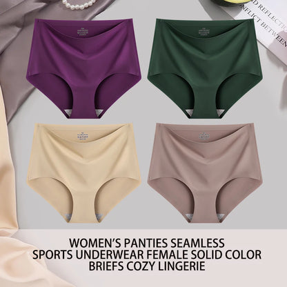 4PCS/SET Plus Size Underwear Women's Panties Ice Silk Solid Color Ladies Seamless Underpants High Waist Sexy Breathable Lingerie