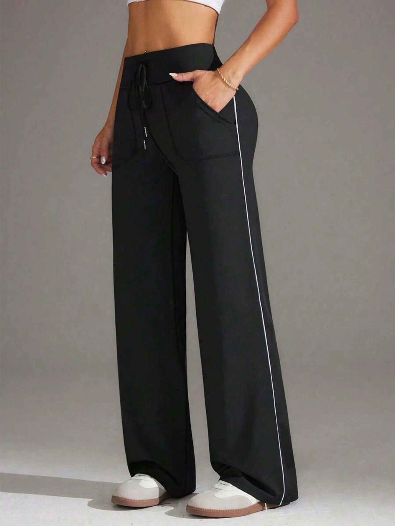 High Waist Straight Leg Casual Wide Leg Pants Side Stripe Sports Loose Slimming Yoga Trousers European Style
