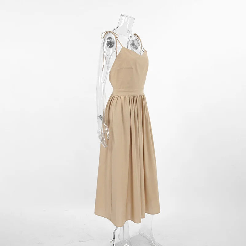 Aynaray 2024 Spring Summer Women Holiday Solid Backless Dress V-neck Spaghetti A-Line Flare Midi Dress For Women