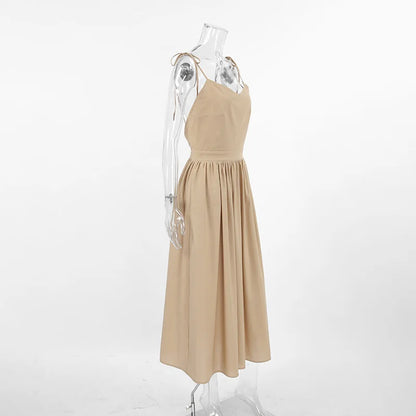 Aynaray 2024 Spring Summer Women Holiday Solid Backless Dress V-neck Spaghetti A-Line Flare Midi Dress For Women
