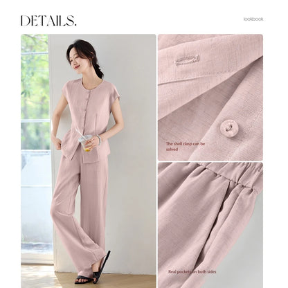 SENTUBILA Women's Linen Trouser Suit Summer Two Pieces Matching Set Women Button Shirt Straight Pant Sets 2026 Outfits 152ZA0094