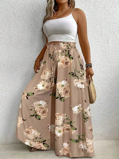 Elegant plus Size Printed Wide Leg Pants for Women Loose Fit Imitation Drawstring Waist Belt Non-Elastic Fabric