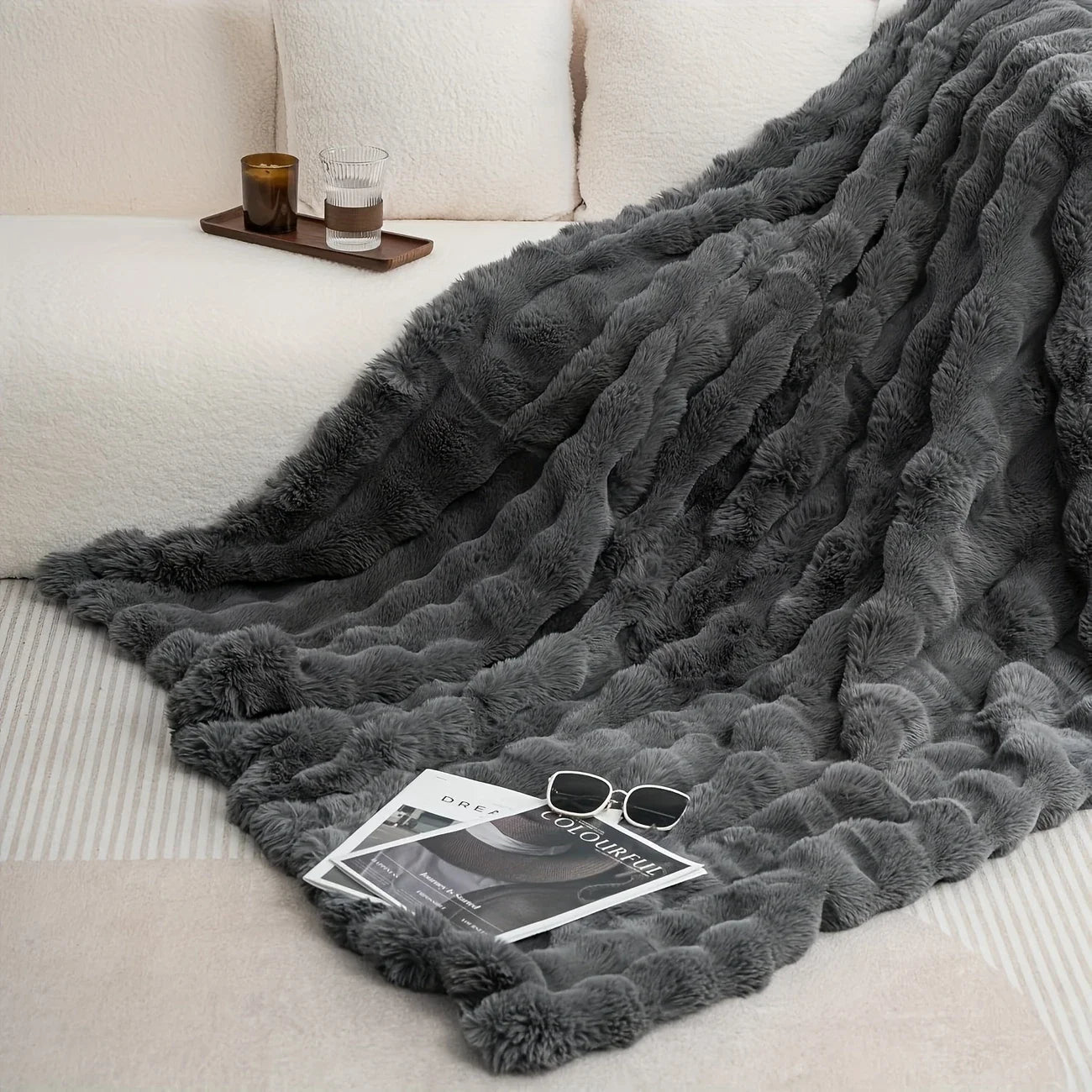 Cozy Faux Rabbit Fleece Blanket - Soft Warm Throw for Bedroom and Living Room - ZOOMNSTORE