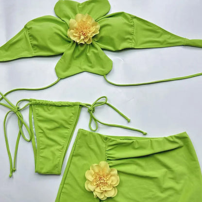 3 Piece Bikini Set - Halter Neck Floral Swimwear With Skirt & Wire Free Support