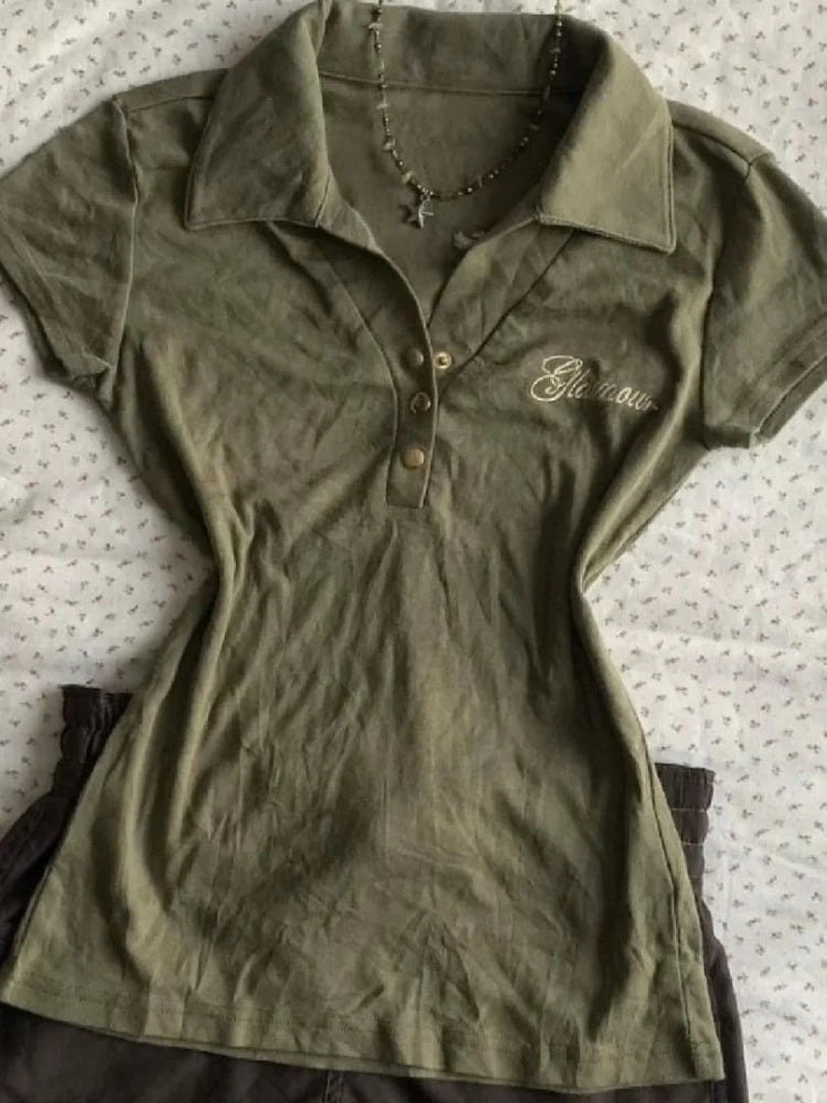 Vintage Polo Shirt Y2k Women's Gothic Style V-neck Slim Harajuku American Letter Print Punk Army Green Short Sleeve T-shirt 2025