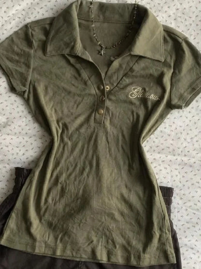 Vintage Polo Shirt Y2k Women's Gothic Style V-neck Slim Harajuku American Letter Print Punk Army Green Short Sleeve T-shirt 2025