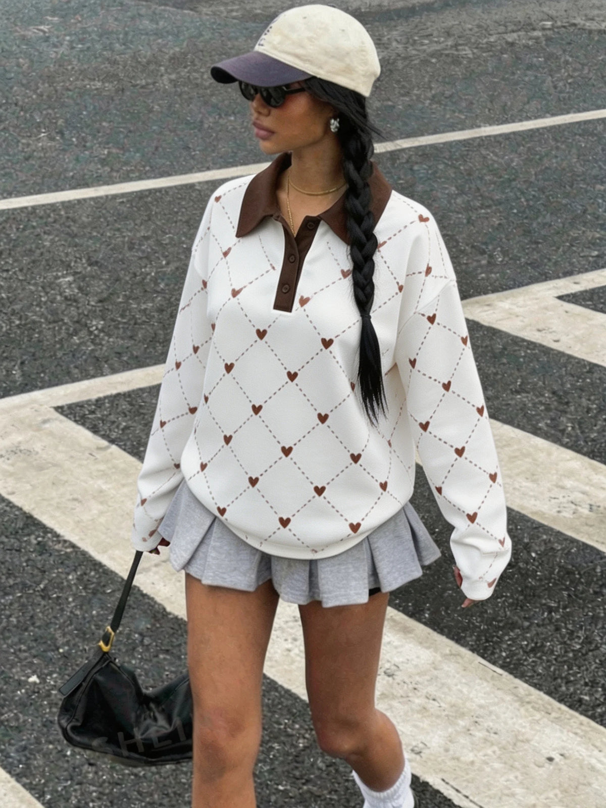 Women's Autumn Casual Lapel Button Color Block Geometric Pattern Long Sleeve Hoodie Top for Daily Travel