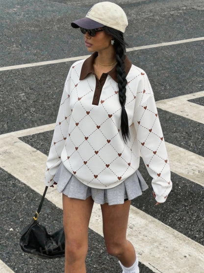 Women's Autumn Casual Lapel Button Color Block Geometric Pattern Long Sleeve Hoodie Top for Daily Travel