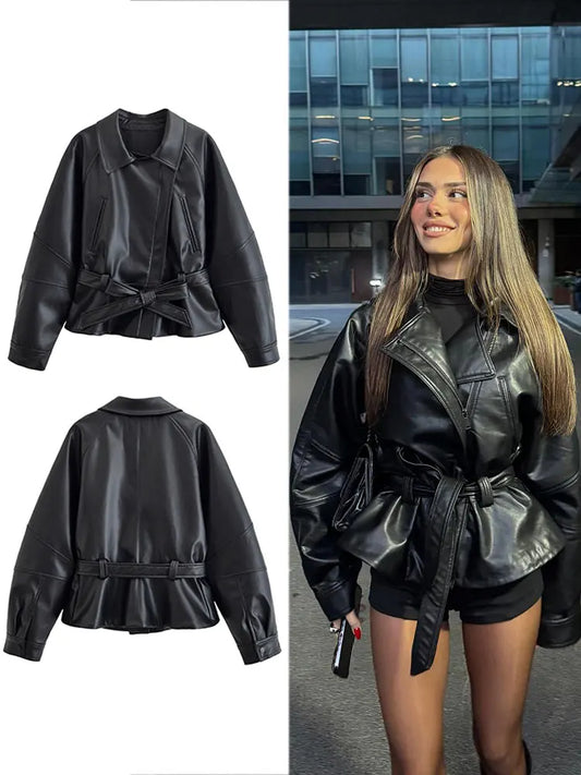 Faux Leather Trench Coat - Women's Black Belted Lapel Jacket With Zipper Closure