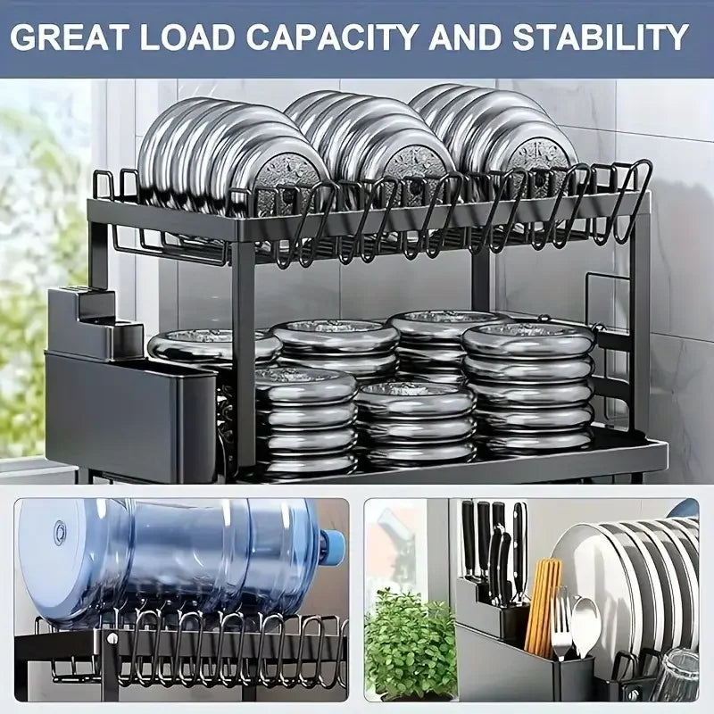 2-Tier Dish Rack – Durable Metal Dish Drainer with Utensil Holder & Drainage Tray