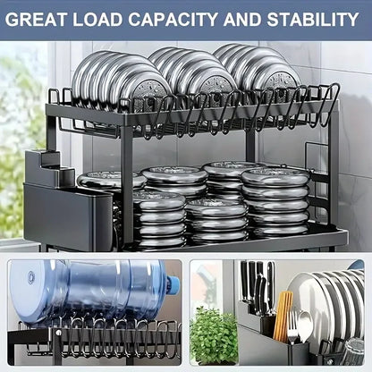 2-Tier Dish Rack – Durable Metal Dish Drainer with Utensil Holder & Drainage Tray