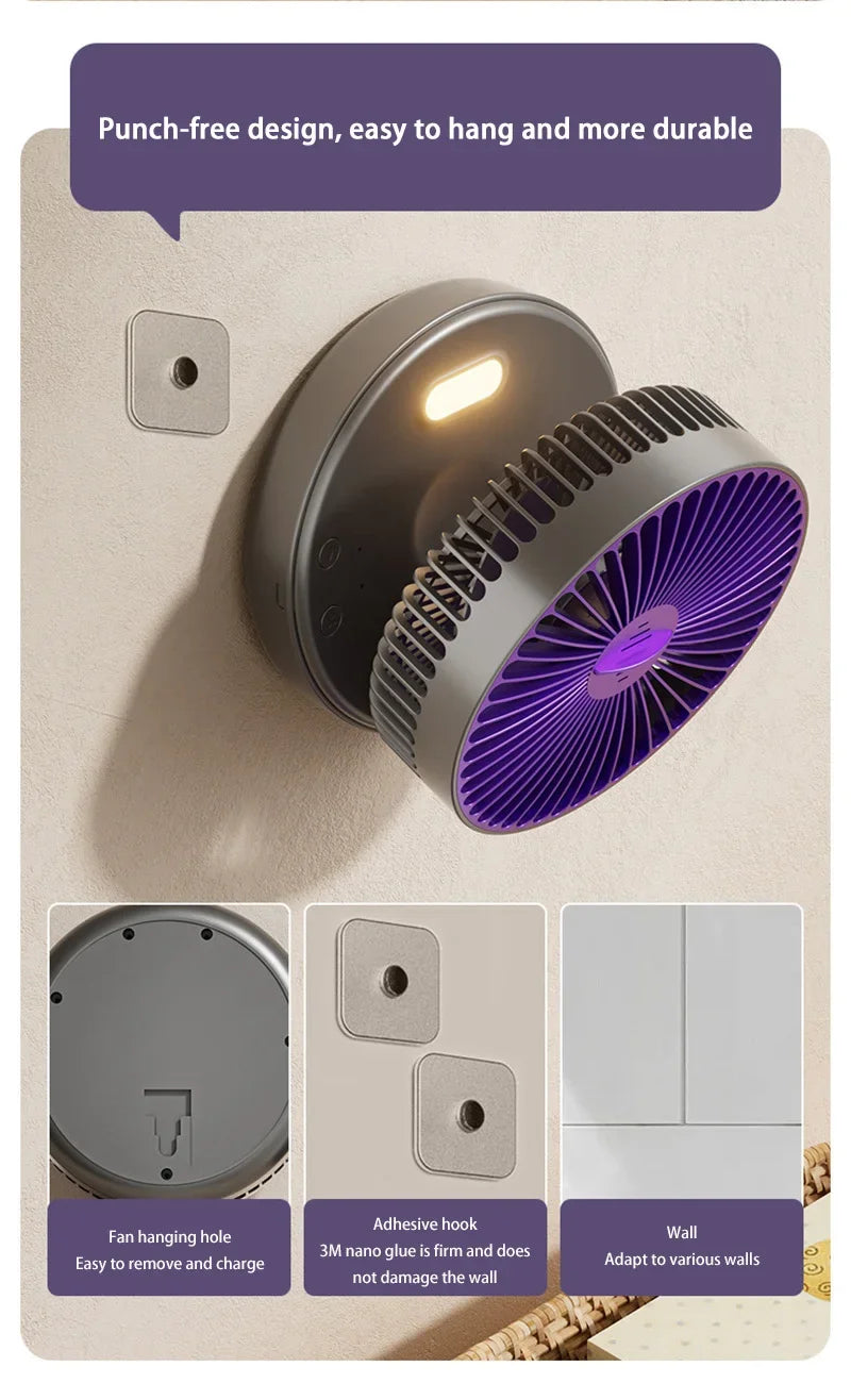 5000mAh 3IN1 Rechargeable Multifunctional Portable Fan Wall Mounted Fan 90° Folding Fan 4 Gears With Warm Night Light New 2025