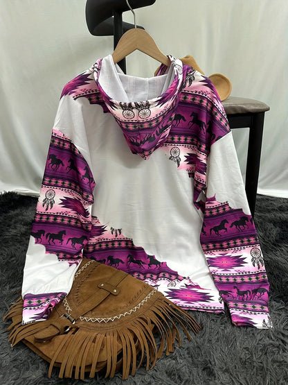 Women's casual fashion round neck pullover hoodie Western ethnic style retro print women's top hoodie