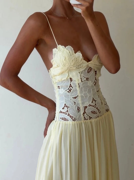 Spring Summer Holiday Chic Hollow Out Dress, Women Casual Lace Patchwork Sleeveless Party Dress, Elegant V Neck Ladies Dresses