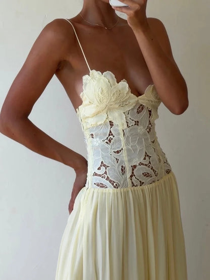 Spring Summer Holiday Chic Hollow Out Dress, Women Casual Lace Patchwork Sleeveless Party Dress, Elegant V Neck Ladies Dresses