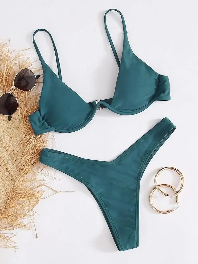 2026 Summer New Two Piece Women's Solid Color Sexy Bareback Bikini Split Swimsuit Bikini Set High Waist Beach Vacation