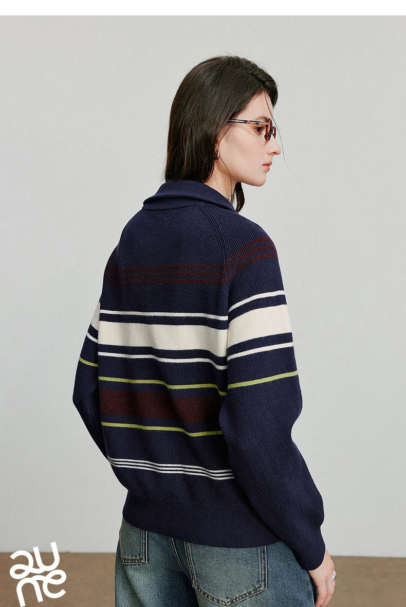 TOYOUTH Women Knitted Sweater 2026 Autumn New Fashionable Style Striped Zipper High Collar Woolen Pullover Sweater Tops