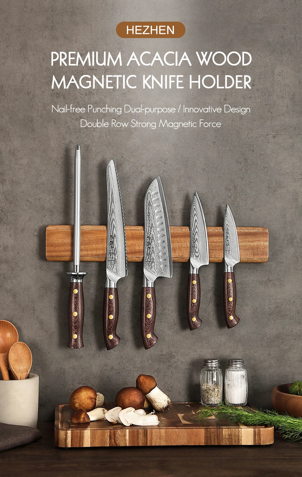 Magnetic Knife Holder – Walnut Wood Wall Knife Rack (No Knives)