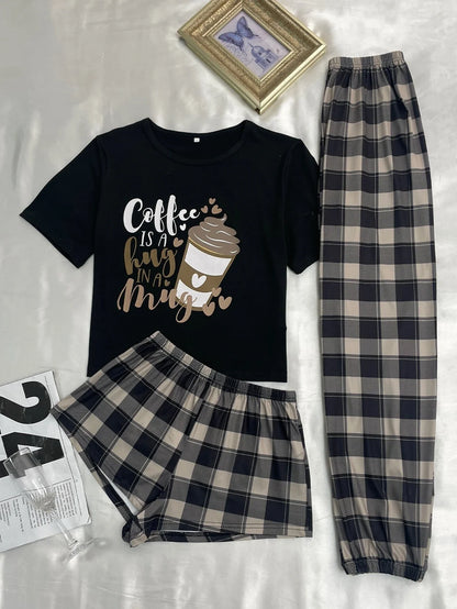 Three-piece women's comfortable pajamas New style shorts long pants short sleeved casual home wear