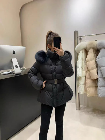 Korean New Winter Slim Waist Fitted Plus Size Thick Down Cotton Parkas Women Big Fur Collar Warm Coat Fashion Trendy Warm