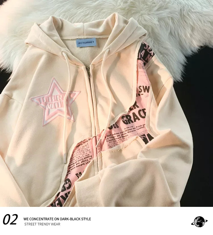 2023 Letter Print Sweatshirts Gothic Streetwear Vintage Loose Patchwork Tops Coats Zip Up Hoodies Women Harajuku Hip Hop Top