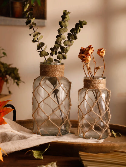 Hand Woven Hemp Rope Glass Vase - Boho Nordic Dry Flower Decor