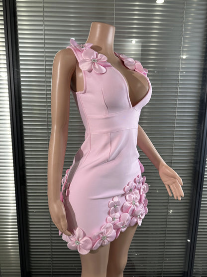 Glamorous Sexy Crystal 3D Flowers Emmbellished Deep V-neck Sleeveless High Waist Evening Party Bandage Mini Dress