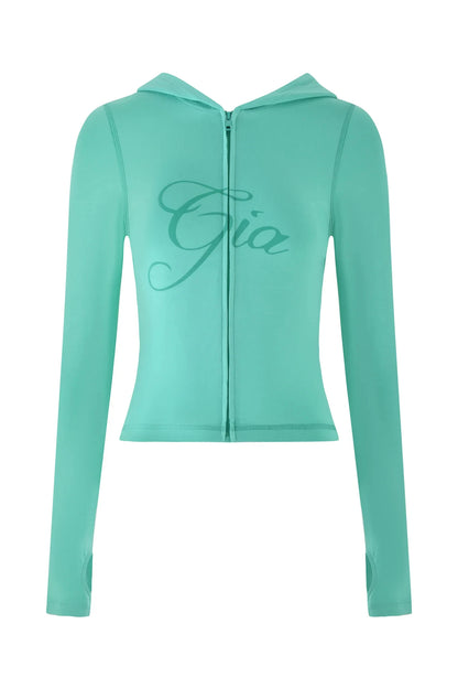 Gia neon pink regular shoulder slim-fit letter print topstitching design slim-fit hooded zip-up short jacket and pants set