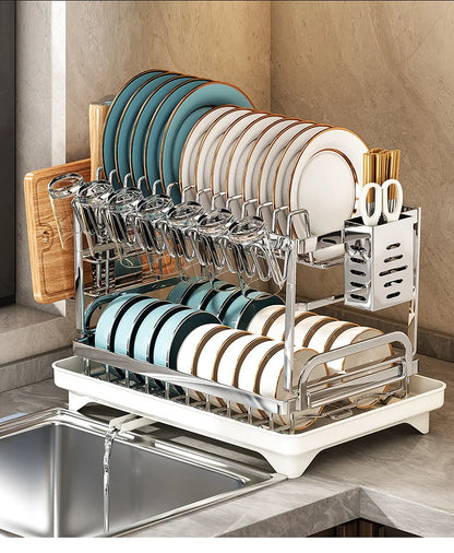 Dish Drying Rack - 2 Tier Stainless Steel Over Sink Shelf with Utensil Holder