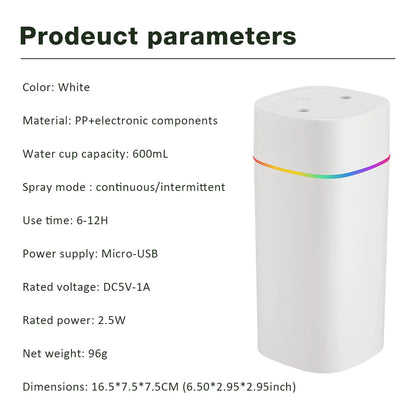 Portable USB Humidifier - 600ml Aroma Diffuser with Colorful Night Light for Home  Car