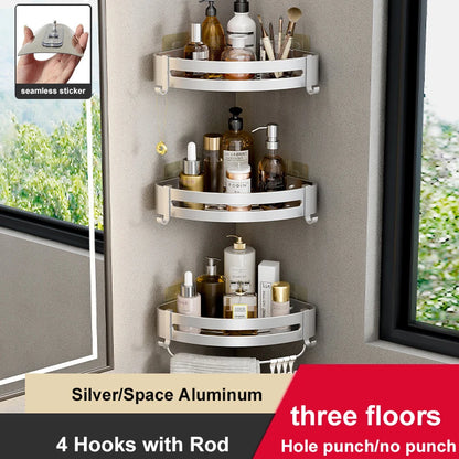 Aluminum Corner Shower Rack - Wall Mounted Bathroom Storage Organizer