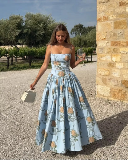 YENKYE Lace Trim Floral Print Sexy Sling Dress Women Elegant A-line Midi Summer Vacation Party Dresses New 2026 Clothes