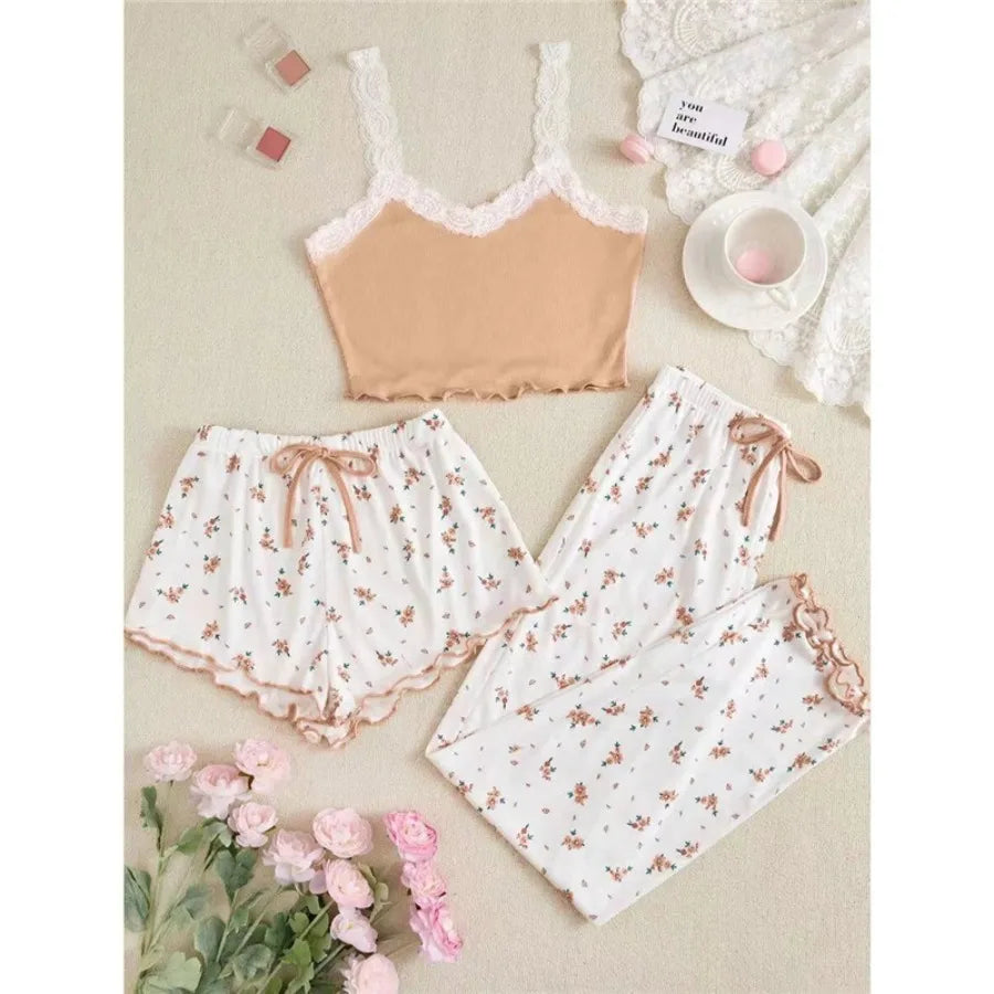 New sexy flower pajamas, women's suits, summer thin trousers, cute home clothing, three-piece suits, outerwear, fashion