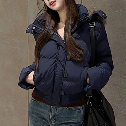 Casual Cropped Parkas Women Fashion Faux Fur Collar Hooded Puffy Coats Winter Warm Solid All Match Slim Long Sleeve Outwear Tops