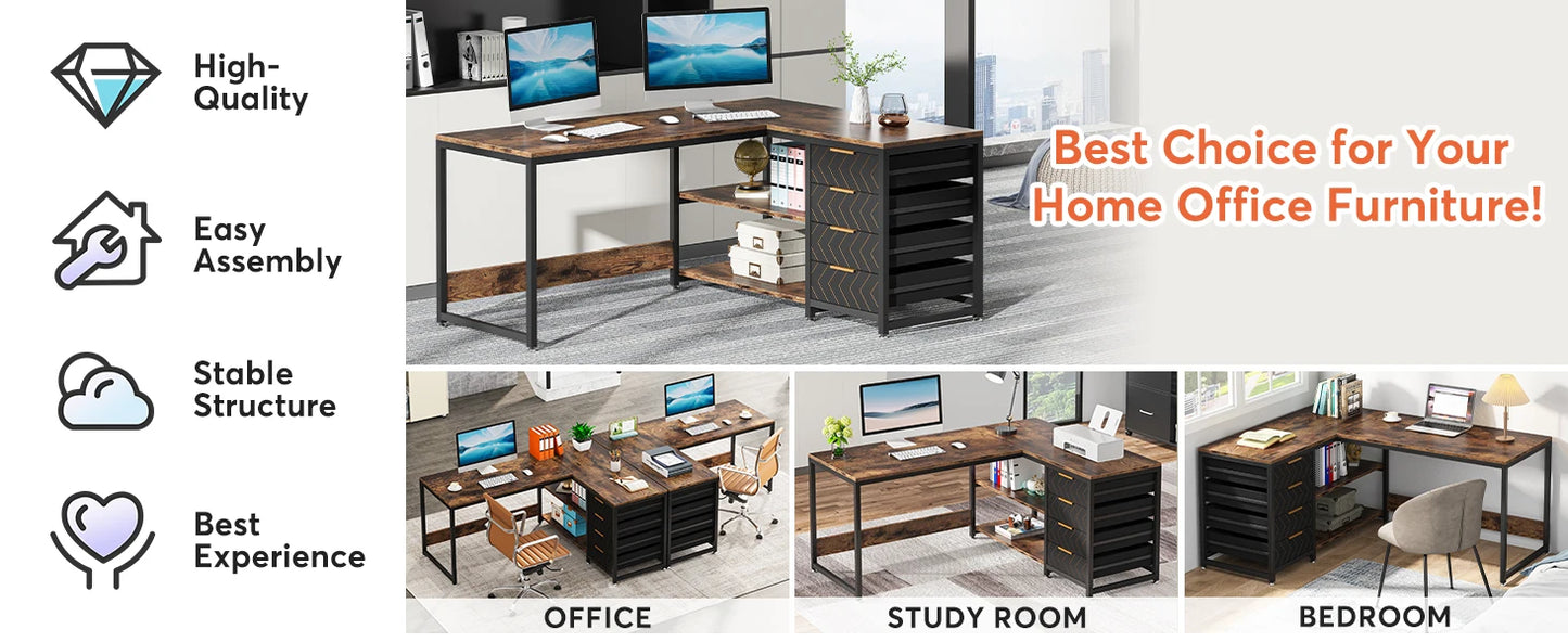 L Shaped Computer Desk - Reversible Corner Office Desk with Drawers & Shelves