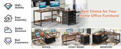 L Shaped Computer Desk - Reversible Corner Office Desk with Drawers & Shelves