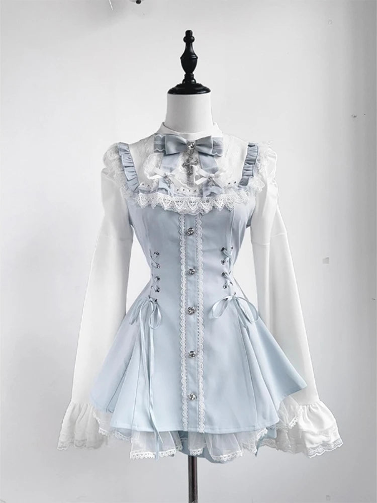 Japanese Y2 Aesthetics Vintage Bow Dress Shorts Set Women Gothic Lolita Style Long Sleeve Shirt Dress Elegant Party Dress Suits