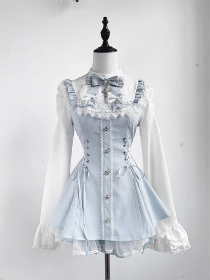 Japanese Y2 Aesthetics Vintage Bow Dress Shorts Set Women Gothic Lolita Style Long Sleeve Shirt Dress Elegant Party Dress Suits
