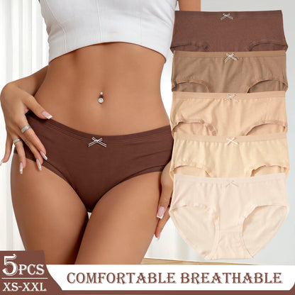 5PCS Maillard Color Pure Cotton Women's Underwear Solid Color Comfortable Panties Girls Low-Rise Briefs Casual Daily Wear