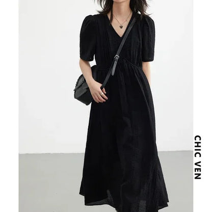 Vintage V-Neck Dress – Women Summer Fashion | White Puff Sleeve, Loose Ankle-Length