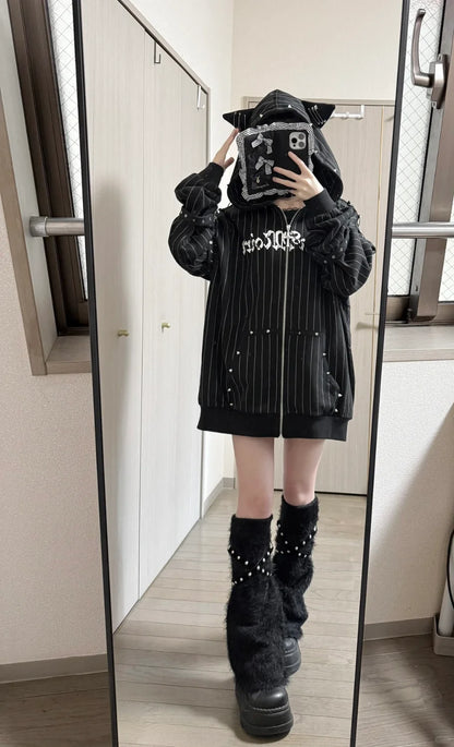 Autumn American Vintage Y2K Punk Coat Women Zipper Striped Loose Cat Ear Hoodie Subculture Heavy Craft Street Style Sweatshirt